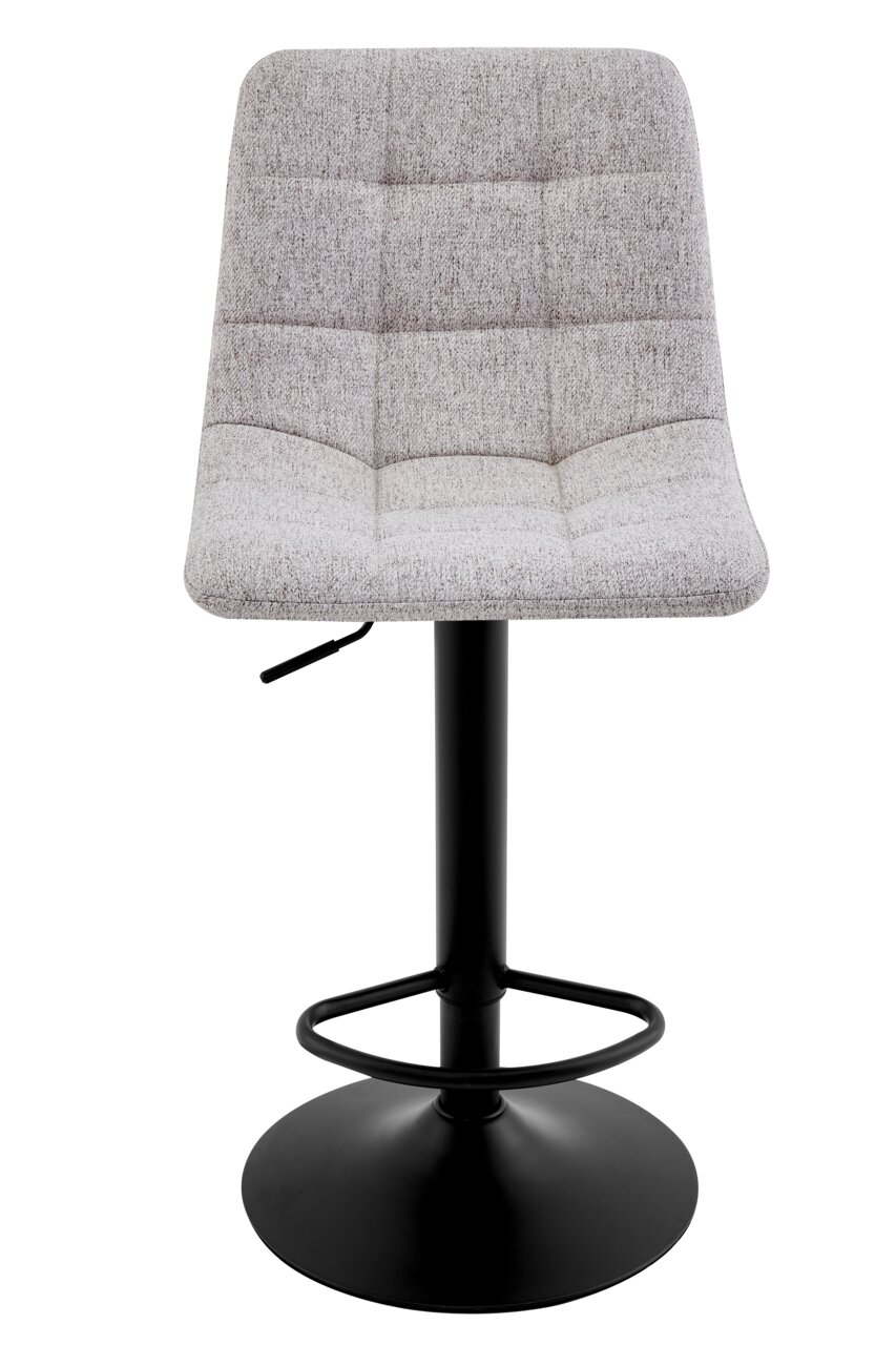 Moderner Barhocker mit grauem Stoffbezug und schwarzem Metallgestell, Frontalansicht