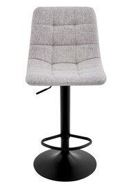 Moderner Barhocker mit grauem Stoffbezug und schwarzem Metallgestell, Frontalansicht