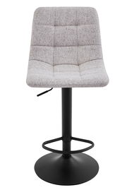 Moderner Barhocker mit grauem Stoffbezug und schwarzem Metallgestell, Frontalansicht