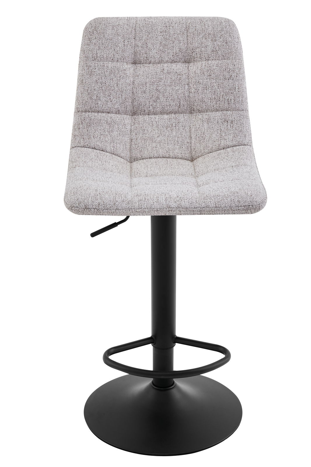 Moderner Barhocker mit grauem Stoffbezug und schwarzem Metallgestell, Frontalansicht