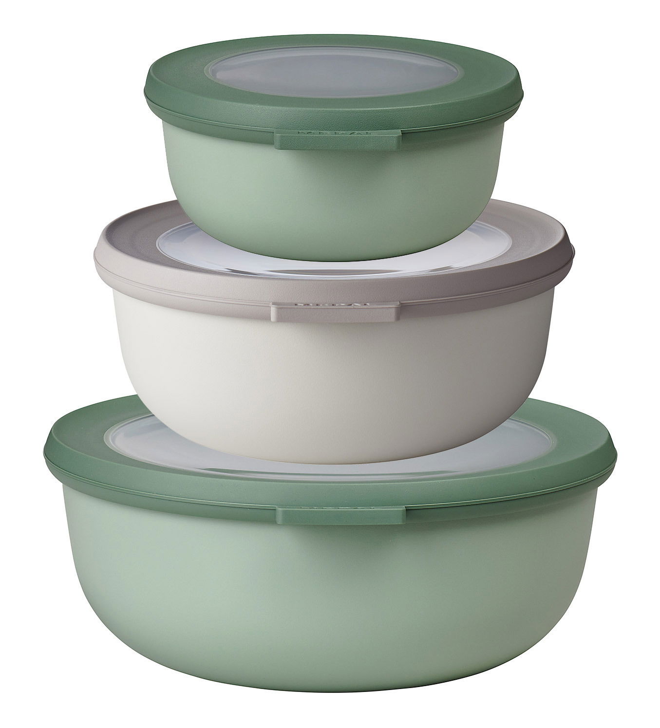 Mepal Vorratsdosen-Set 3-tlg CIRQULA Dreiteiliges Vorratsdosen-Set in verschiedenen Grüntönen, gestapelt in einer seitlichen Perspektive