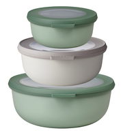 Dreiteiliges Vorratsdosen-Set in verschiedenen Grüntönen, gestapelt in einer seitlichen Perspektive