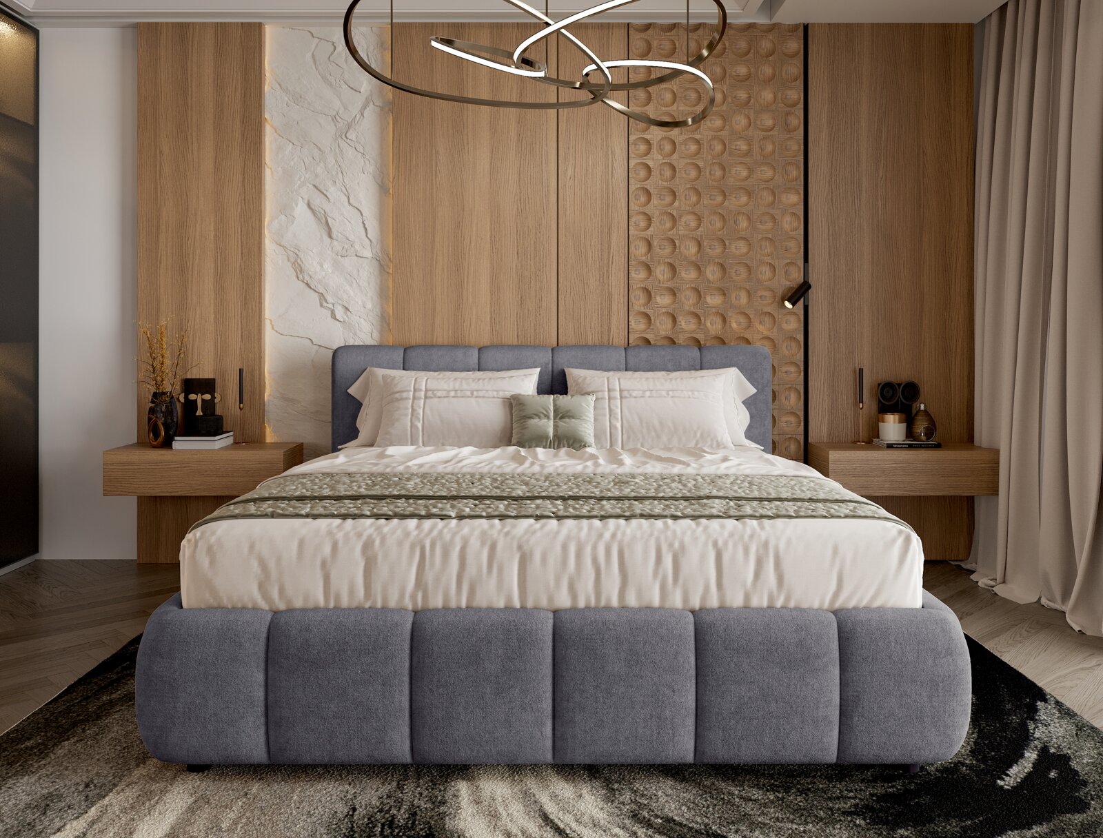 Frontale Ansicht eines modernen Polsterbettgestells in einem stilvollen Schlafzimmer mit Holzwandverkleidung und eleganter Beleuchtung.