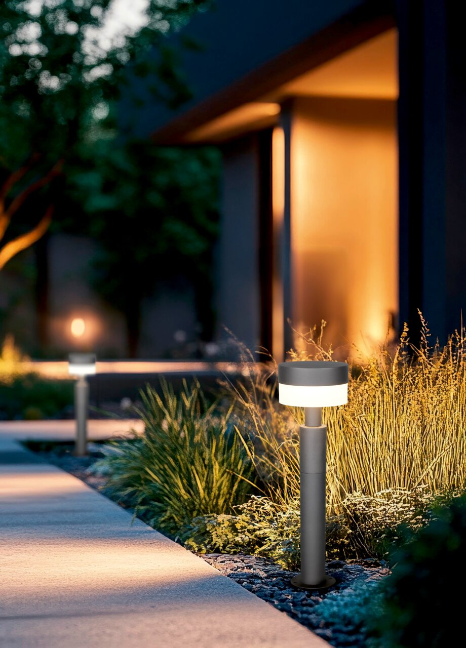 Moderne LED-Pollerleuchte in einem Garten bei Dämmerung, seitliche Perspektive