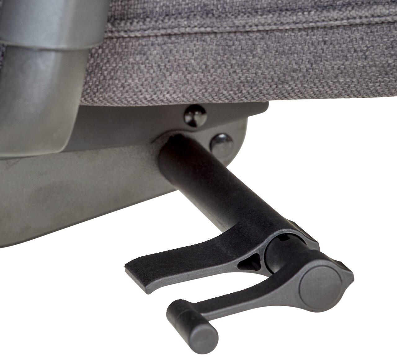 Nahaufnahme eines Hebels unter einem XL-Drehstuhl, seitliche Perspektive