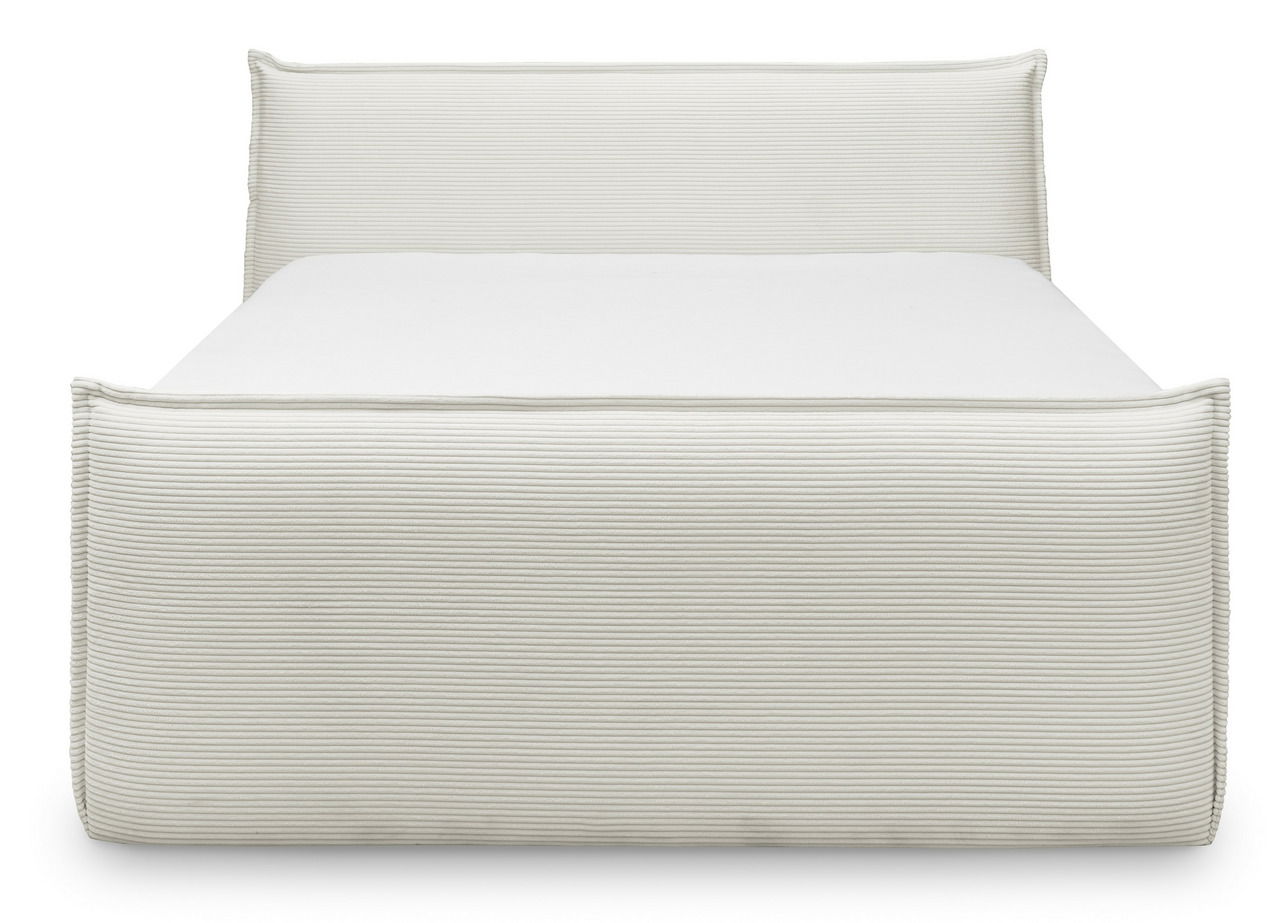 Frontale Ansicht eines eleganten, weißen Boxspringbetts mit gestepptem Stoffbezug.