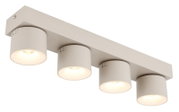 Moderne 4-flammige Deckenleuchte/Spotleiste in Beige mit zylindrischen Strahlern, eingeschaltet, schräg von unten in Perspektive fotografiert