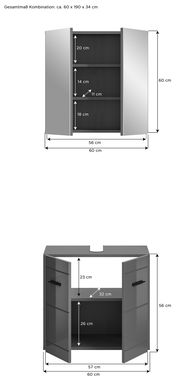 Badkombination bestehend aus einem Hängeschrank mit zwei Türen und einem Unterschrank mit zwei Türen, in frontaler Ansicht. Der Hängeschrank hat drei Fächer, der Unterschrank hat ein Fach und eine Aussparung für ein Waschbecken.