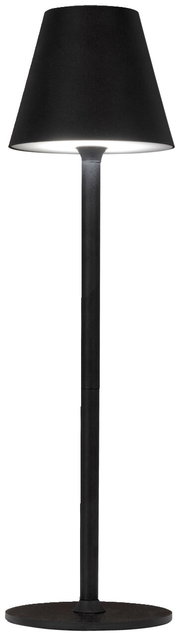 Schwarze Akku-Tischleuchte in Frontalansicht mit konischem Lampenschirm und schlankem Standfuß.