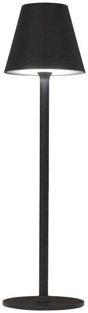 Schwarze Akku-Tischleuchte in Frontalansicht mit konischem Lampenschirm und schlankem Standfuß.