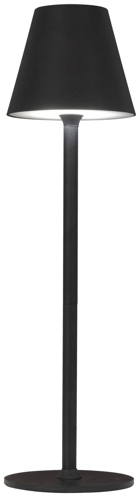 Schwarze Akku-Tischleuchte in Frontalansicht mit konischem Lampenschirm und schlankem Standfuß.