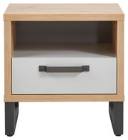 Nachtkonsole aus Holz mit einer Schublade und einem offenen Fach, frontal betrachtet