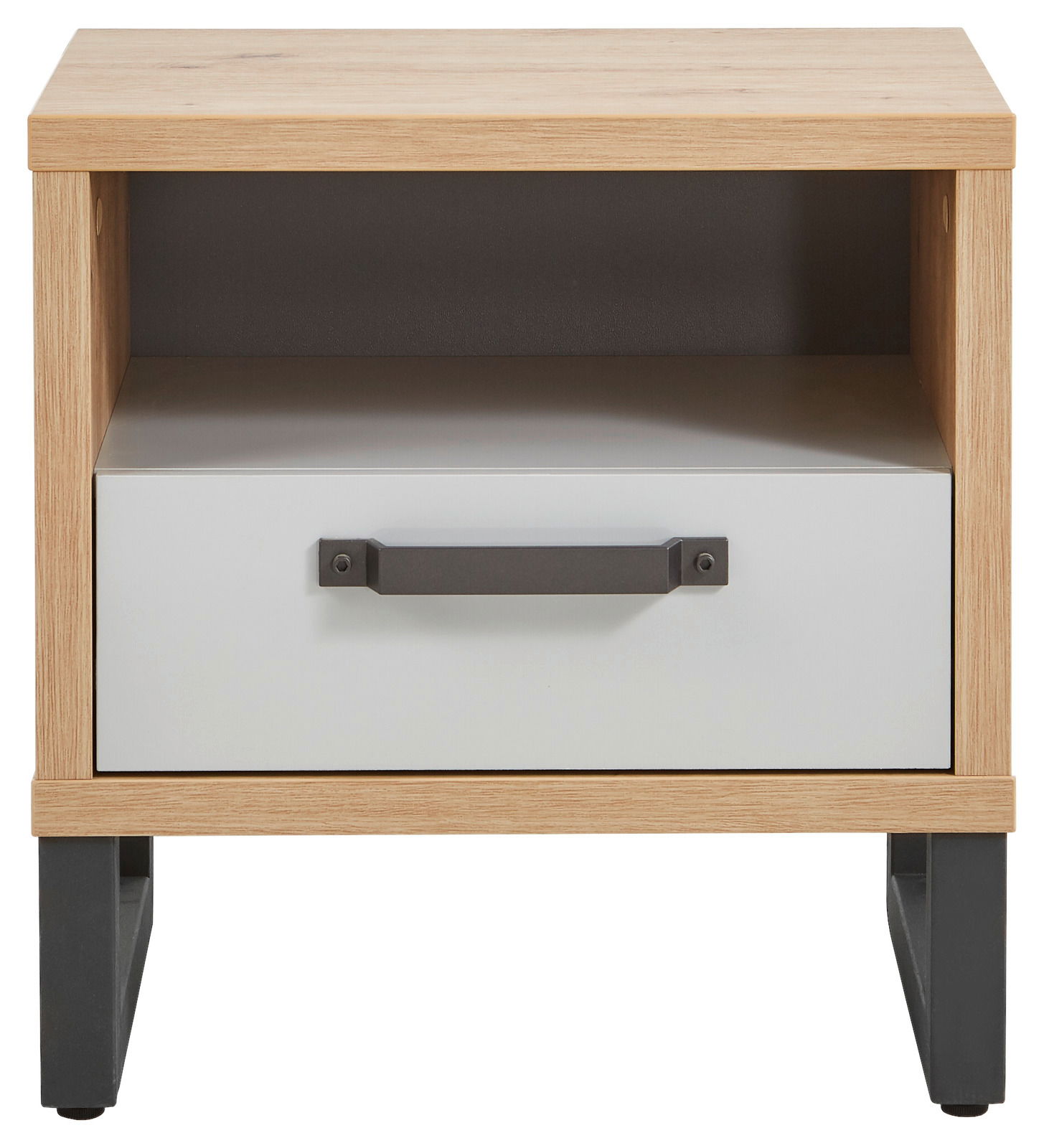 Nachtkonsole aus Holz mit einer Schublade und einem offenen Fach, frontal betrachtet