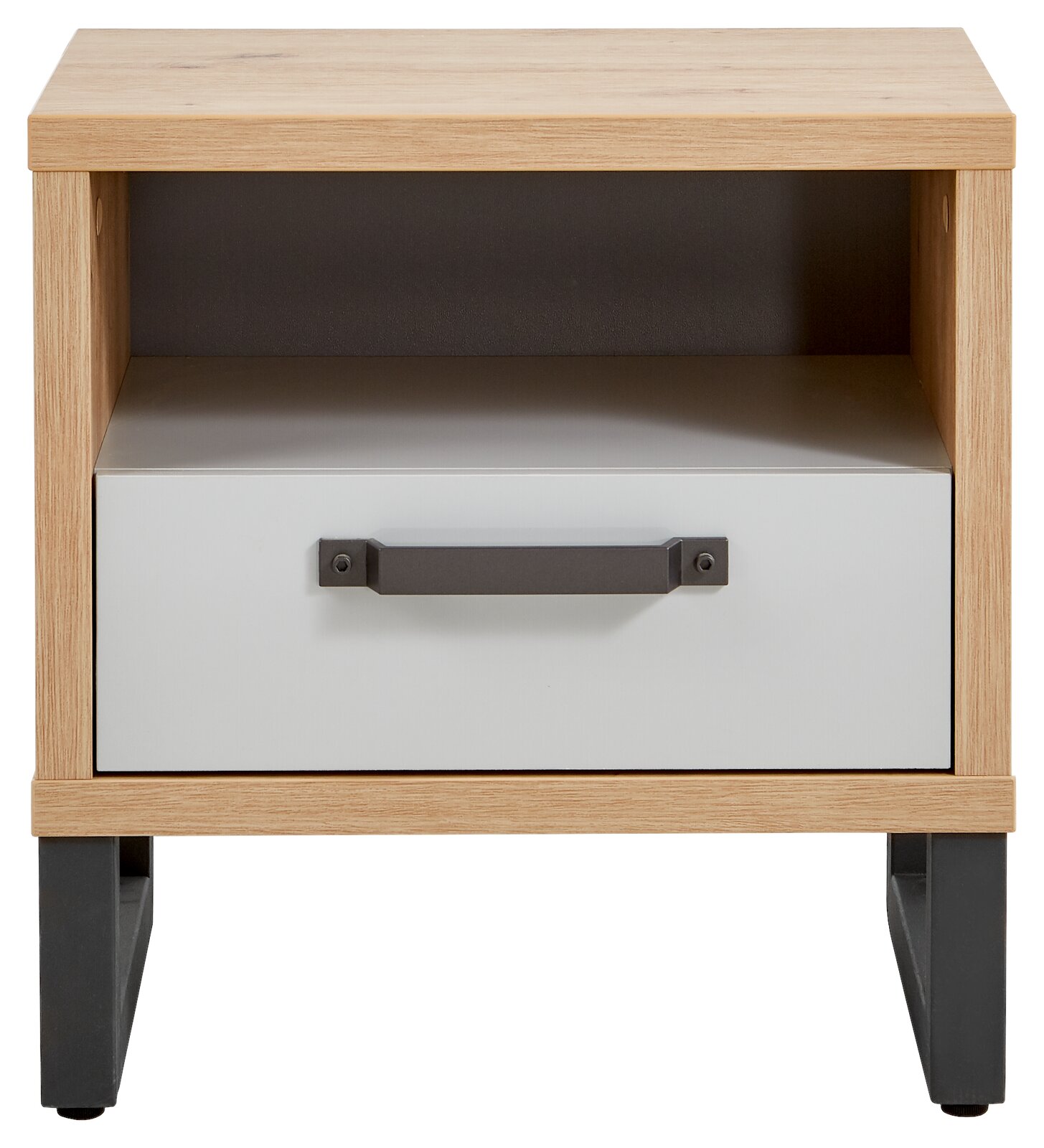 Nachtkonsole aus Holz mit einer Schublade und einem offenen Fach, frontal betrachtet