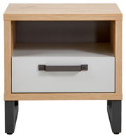 Nachtkonsole aus Holz mit einer Schublade und einem offenen Fach, frontal betrachtet