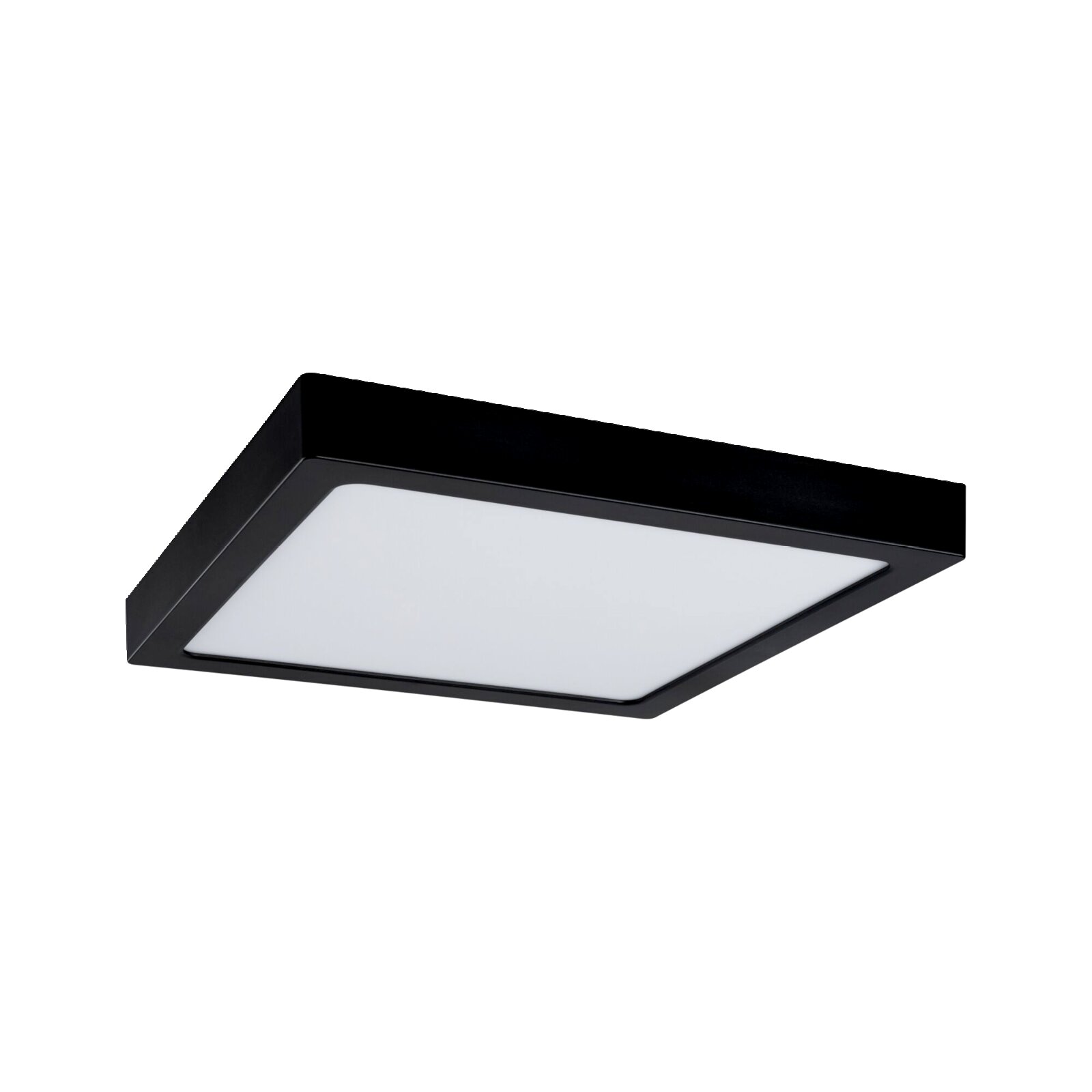 Schwarze, quadratische LED-Deckenleuchte mit flachem Rahmen und weißer Diffusorfläche, schräg von unten in Perspektive auf weißem Hintergrund