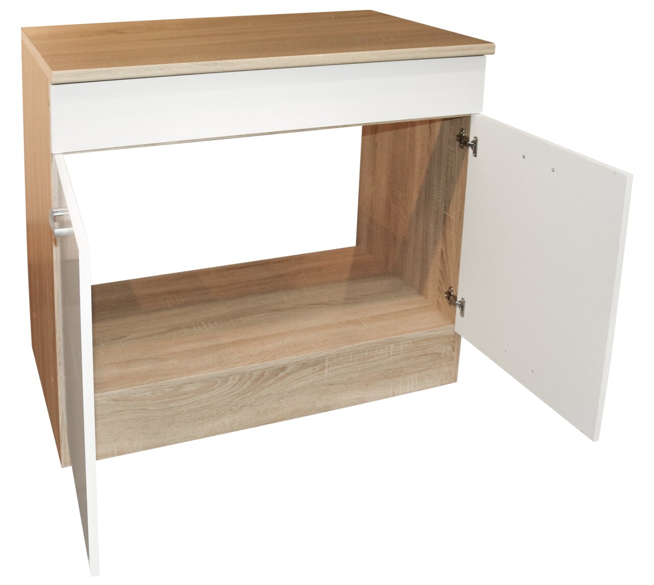 Spülenunterschrank aus Holz mit weißer Front, geöffnete Tür, seitliche Perspektive