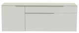 Modernes Hänge-Lowboard in Weiß mit zwei Schubladen und einer Tür, Frontalansicht.