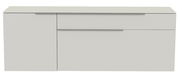 Modernes Hänge-Lowboard in Weiß mit zwei Schubladen und einer Tür, Frontalansicht.
