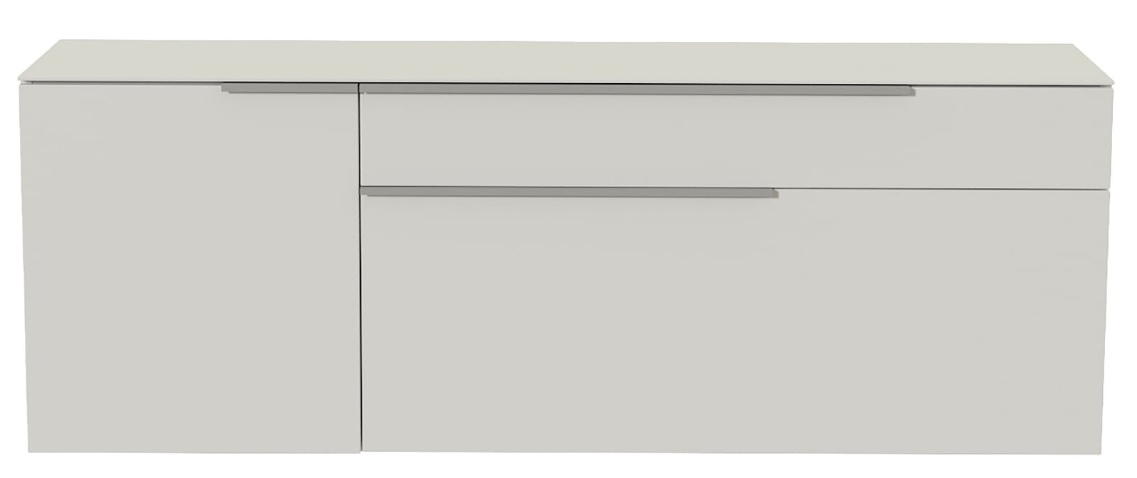 Modernes Hänge-Lowboard in Weiß mit zwei Schubladen und einer Tür, Frontalansicht.