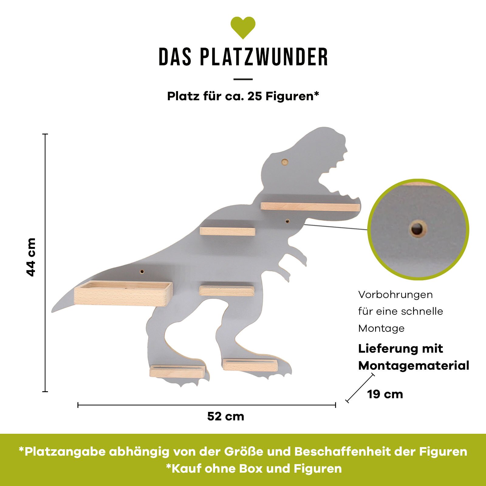 Graues Dino-Wandregal in T-Rex-Form mit mehreren Holzablagen und kleiner Box, ca. 52 x 44 cm, Frontansicht auf weißem Hintergrund, mit Hinweis auf Vorbohrungen und Montagematerial