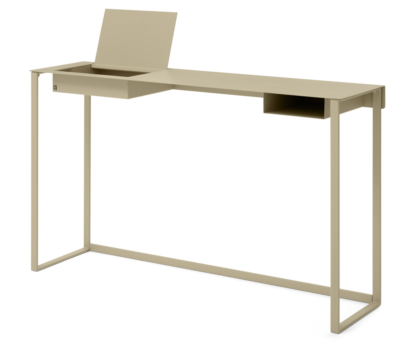 Moderner Konsolentisch oder Schreibtisch aus Metall in Beige mit klappbarem Fach, seitlicher Perspektive.