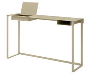 Moderner Konsolentisch oder Schreibtisch aus Metall in Beige mit klappbarem Fach, seitlicher Perspektive.