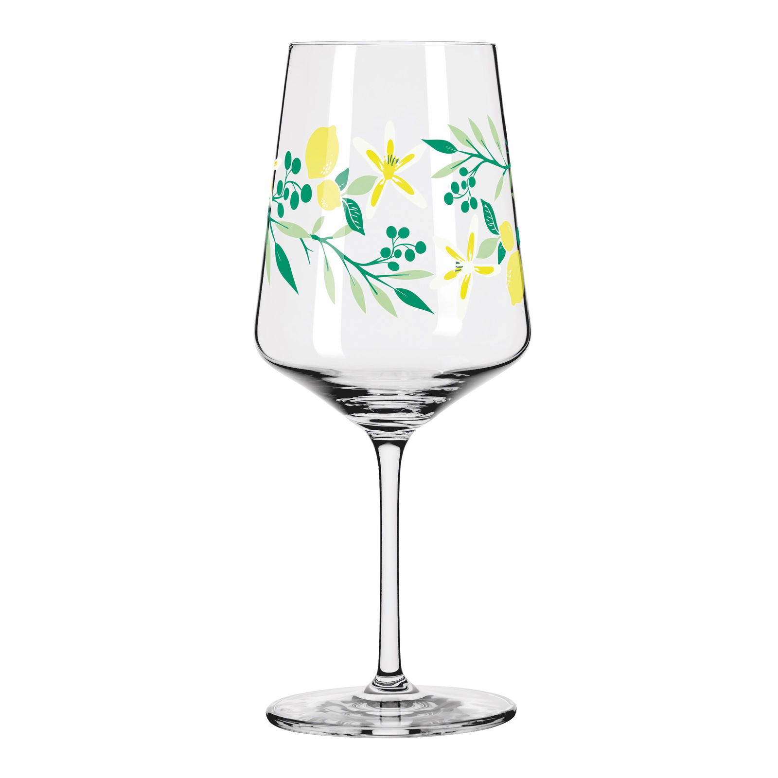 Weinglas mit Zitronen- und Blumenmuster, seitliche Perspektive
