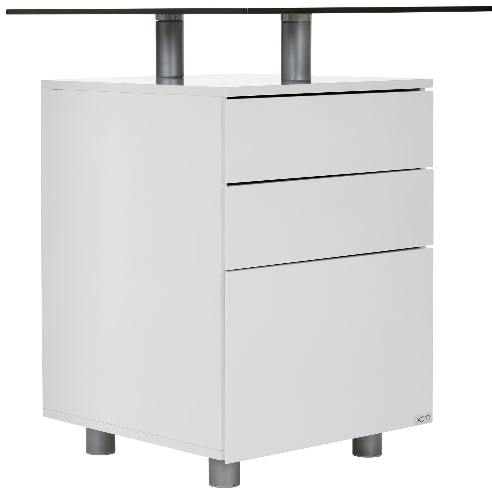 Weißer Schreibtischcontainer mit drei Schubladen, seitliche Perspektive