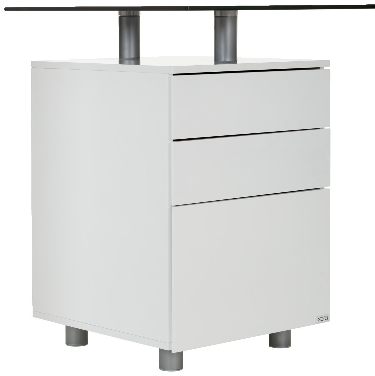 Weißer Schreibtischcontainer mit drei Schubladen, seitliche Perspektive