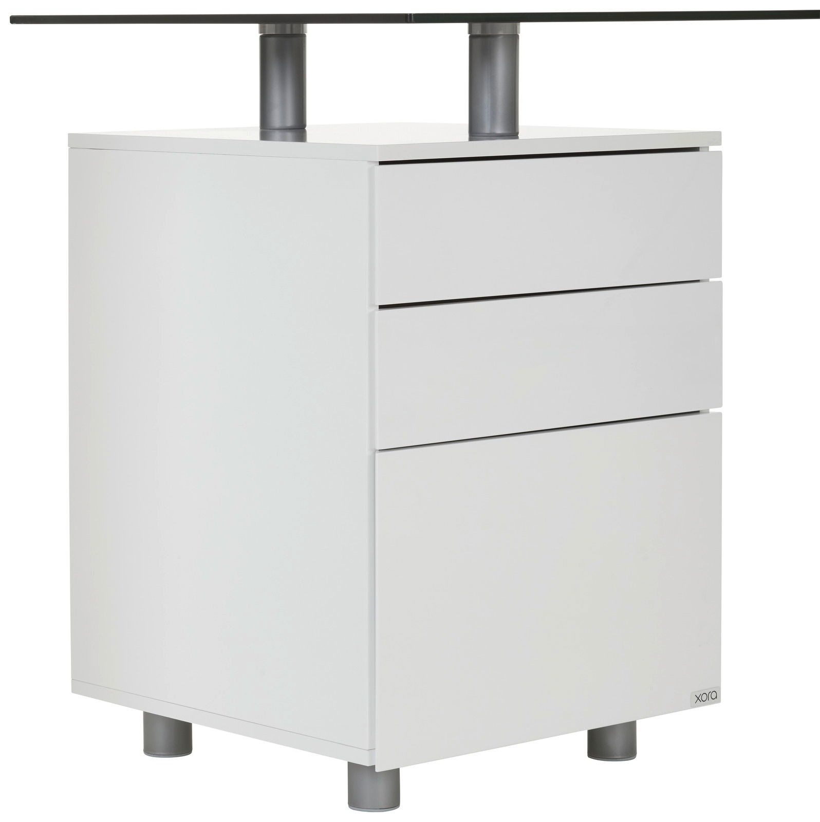 Weißer Schreibtischcontainer mit drei Schubladen, seitliche Perspektive