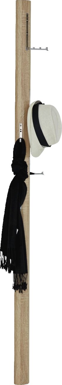 Garderobenpaneel aus Holz mit Haken, frontal abgebildet, mit einem Hut und einem Schal dekoriert.