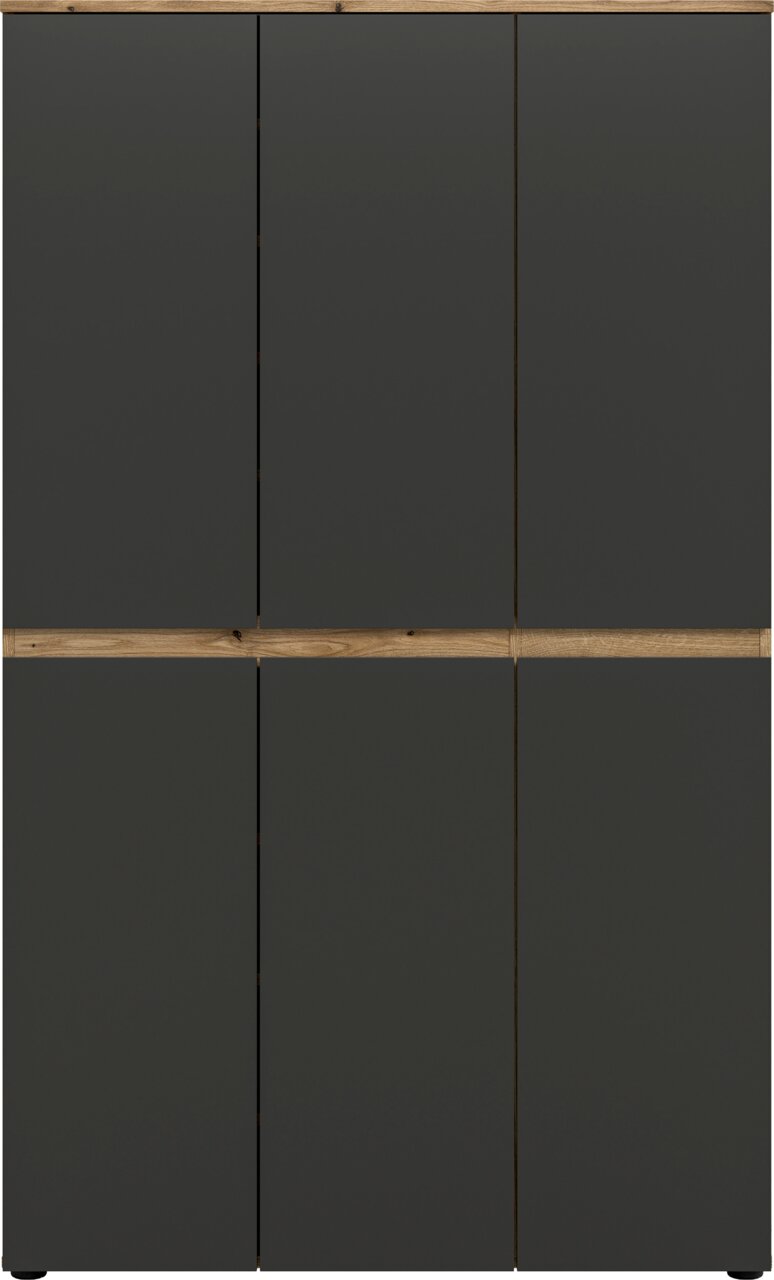 Frontansicht eines modernen Schranks mit sechs mattschwarzen Türen und Holzrahmen oben und mittig, minimalistisches Design