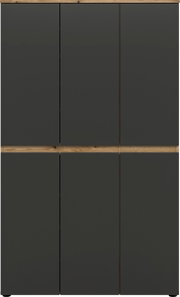 Frontansicht eines modernen Schranks mit sechs mattschwarzen Türen und Holzrahmen oben und mittig, minimalistisches Design
