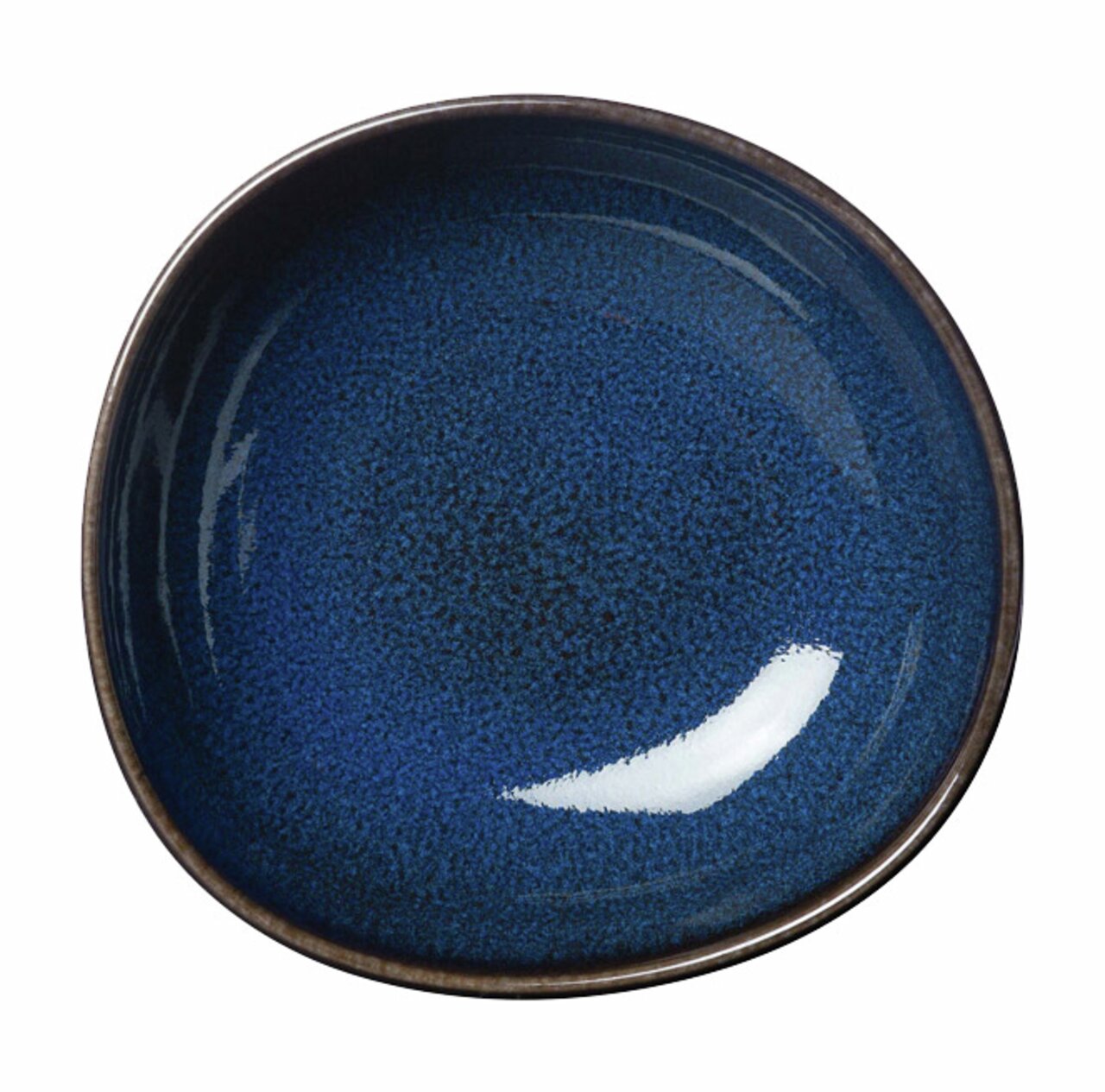 Draufsicht auf eine blaue Müslischale mit glänzender Oberfläche und dunklem Rand.