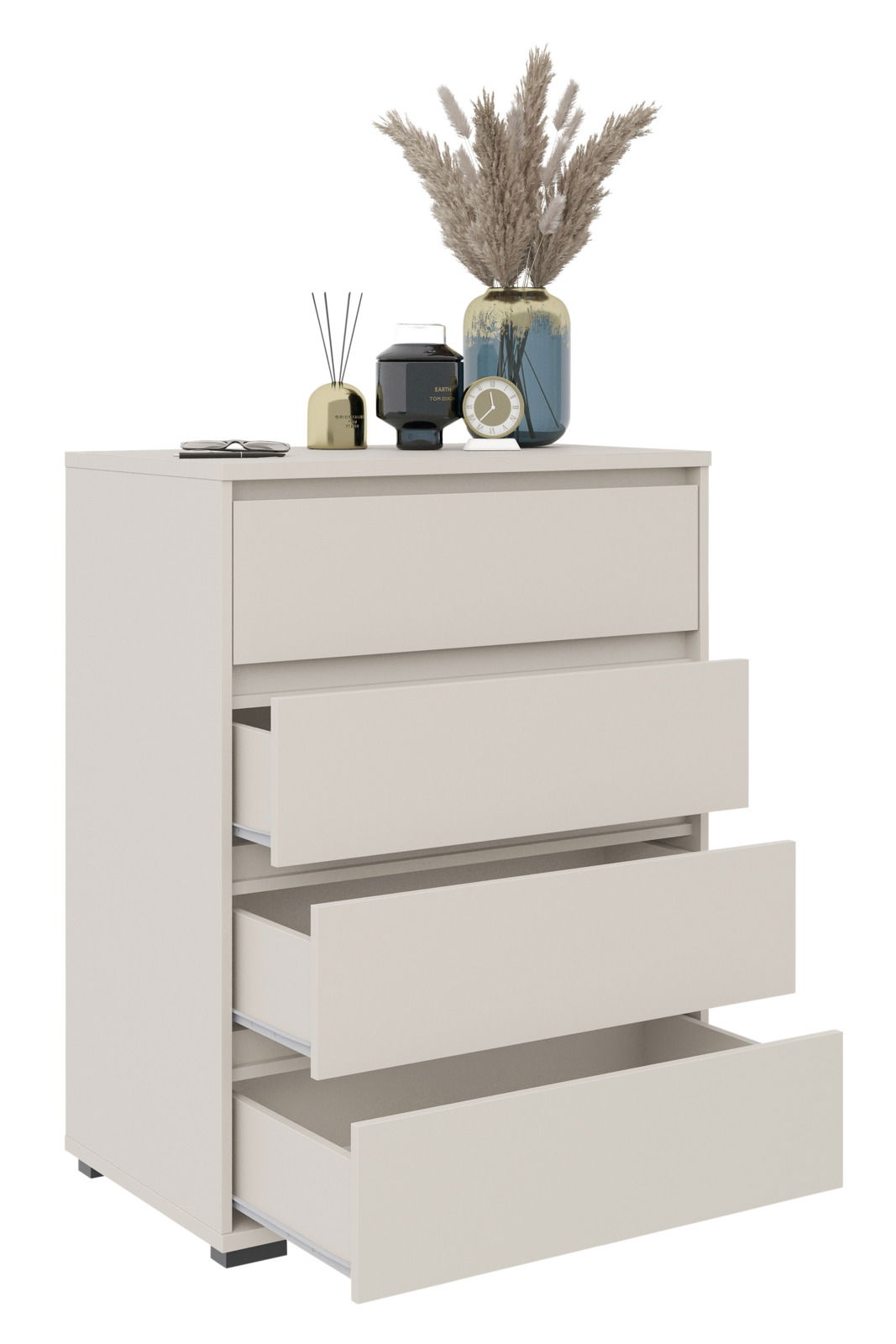 Hochkommode mit vier offenen Schubladen, dekoriert mit einer Vase, einem Wecker und Duftstäbchen, seitliche Perspektive