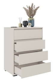 Hochkommode mit vier offenen Schubladen, dekoriert mit einer Vase, einem Wecker und Duftstäbchen, seitliche Perspektive