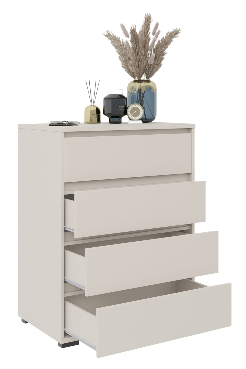 Hochkommode mit vier offenen Schubladen, dekoriert mit einer Vase, einem Wecker und Duftstäbchen, seitliche Perspektive