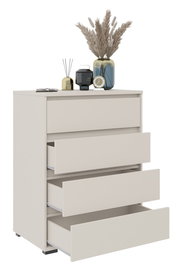 Hochkommode mit vier offenen Schubladen, dekoriert mit einer Vase, einem Wecker und Duftstäbchen, seitliche Perspektive