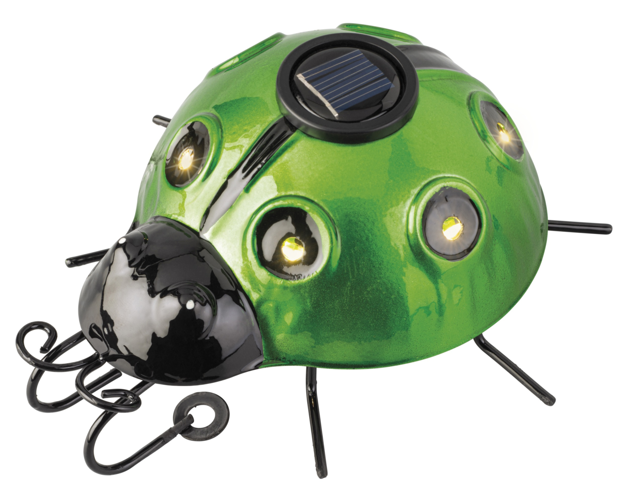 Grünes Solar-Insekt aus Eisen mit leuchtenden Augen, seitliche Perspektive