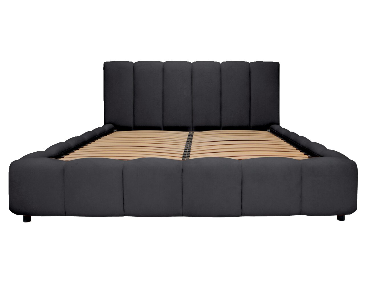 Frontale Ansicht eines modernen Polsterbettgestells in dunklem Stoff mit vertikal gestepptem Kopfteil und sichtbarem Lattenrost.