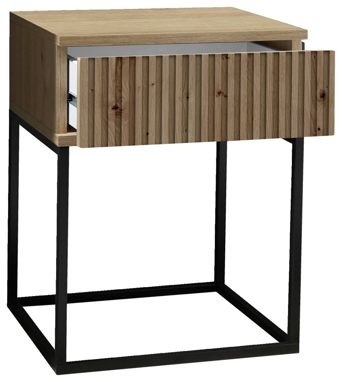 Moderne Nachtkommode aus Holz mit geriffelter Schubladenfront und schwarzem Metallgestell, Perspektive von vorne links