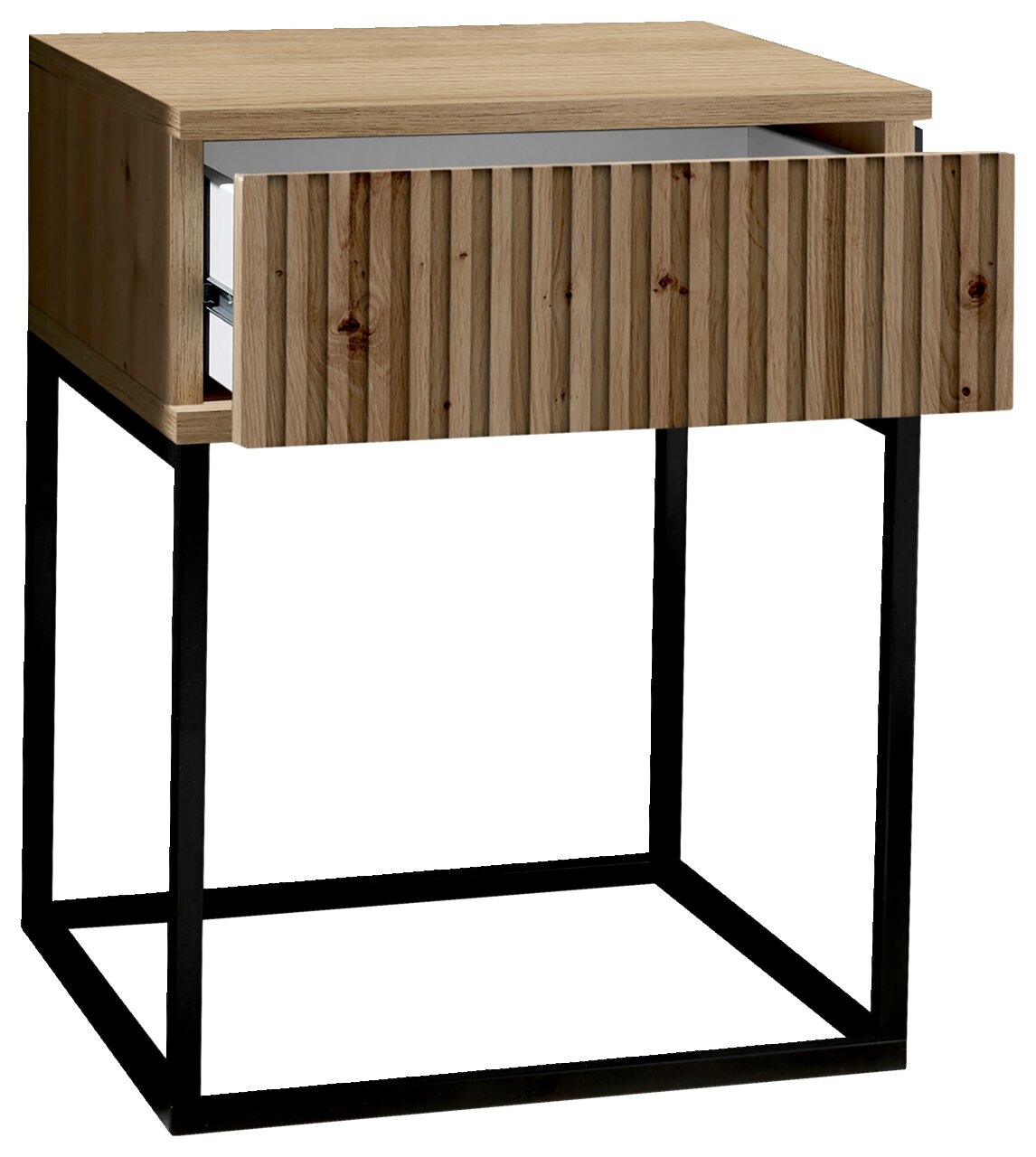 Moderne Nachtkommode aus Holz mit geriffelter Schubladenfront und schwarzem Metallgestell, Perspektive von vorne links
