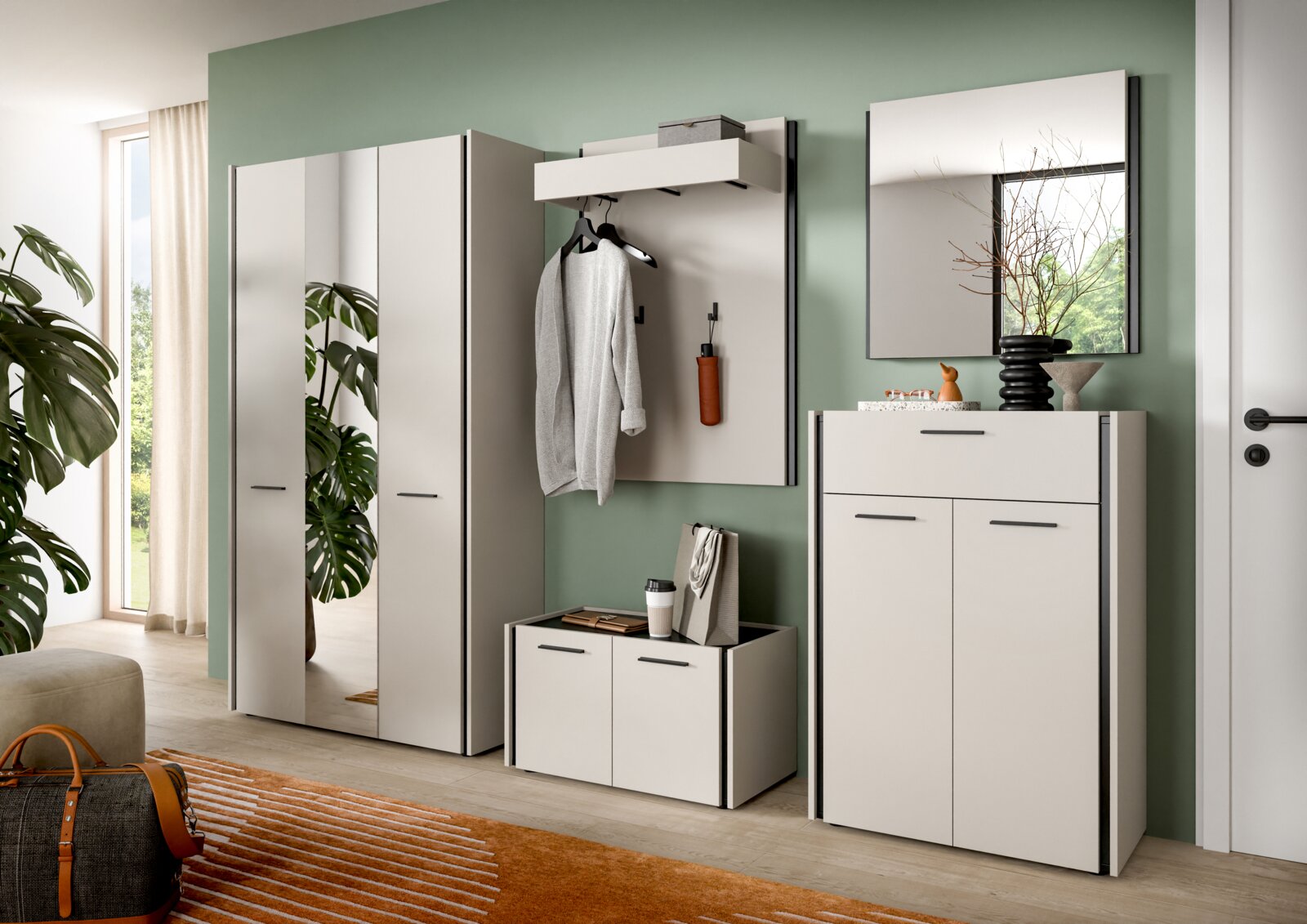 MID.YOU Schuhkommode EMIL Modernes Garderoben-Set in Weiß mit Spiegel-Schrank, Wandgarderobe mit Ablage und Haken, Sitzbank sowie Kommode mit Spiegel im Flur; Frontansicht in leichter Schrägperspektive von links.