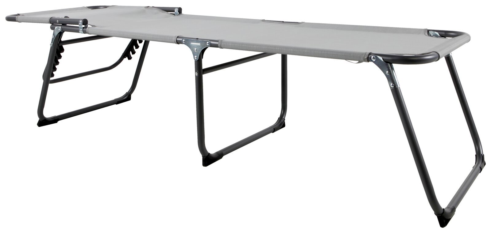 Graue Liege mit Metallrahmen, seitliche Perspektive