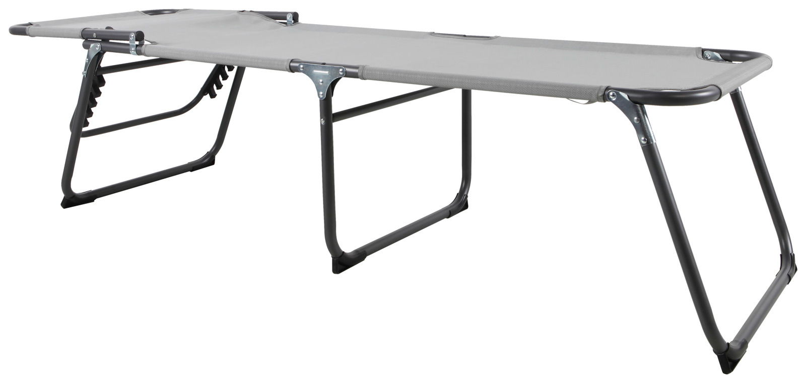 Graue Liege mit Metallrahmen, seitliche Perspektive