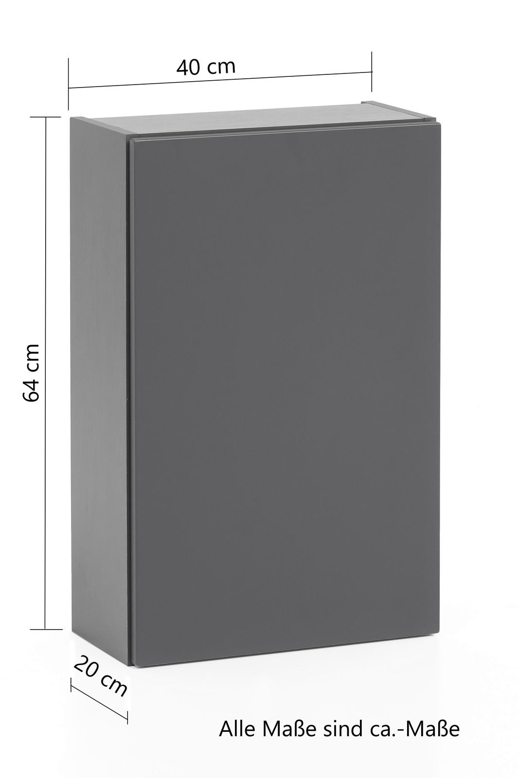 Hängeschrank in dunklem Grau, Maße 40 cm Breite, 64 cm Höhe, 20 cm Tiefe, seitliche Perspektive