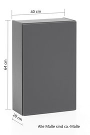 Hängeschrank in dunklem Grau, Maße 40 cm Breite, 64 cm Höhe, 20 cm Tiefe, seitliche Perspektive