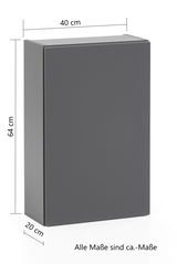 Hängeschrank in dunklem Grau, Maße 40 cm Breite, 64 cm Höhe, 20 cm Tiefe, seitliche Perspektive