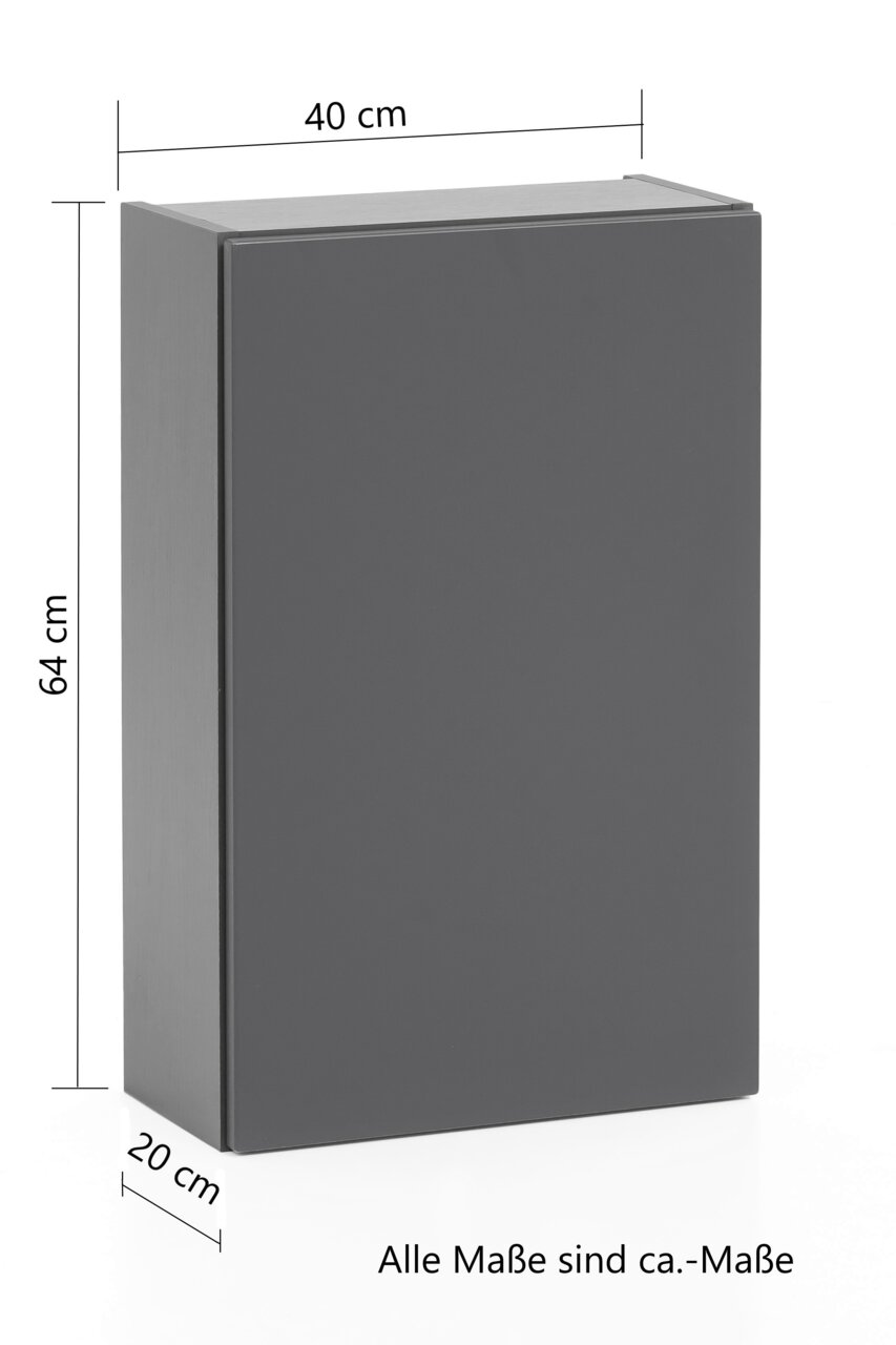 Hängeschrank in dunklem Grau, Maße 40 cm Breite, 64 cm Höhe, 20 cm Tiefe, seitliche Perspektive